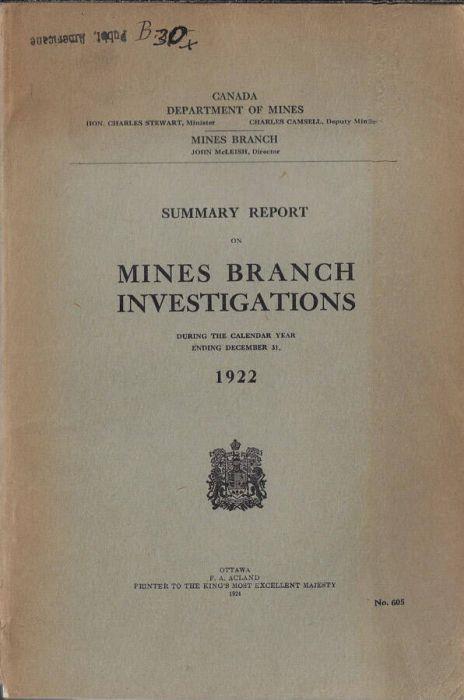 Summary report on mines branch investigations during the calendar year ending december 31, 1922 - copertina