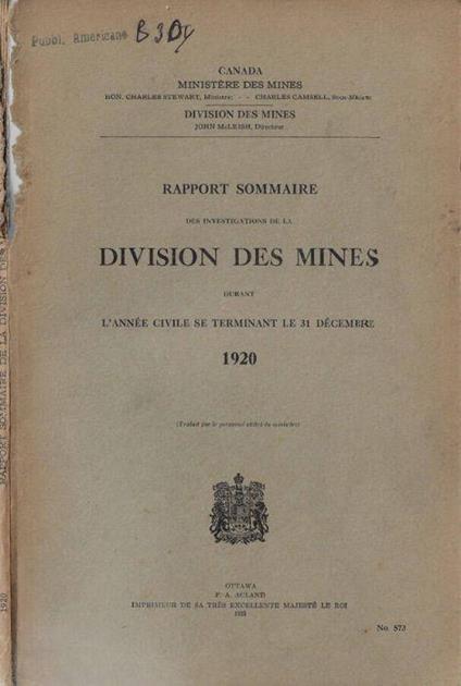 Rapport sommaire des investigations de la division des mines durant l'année civile se terminant le 31 décembre 1920 - copertina