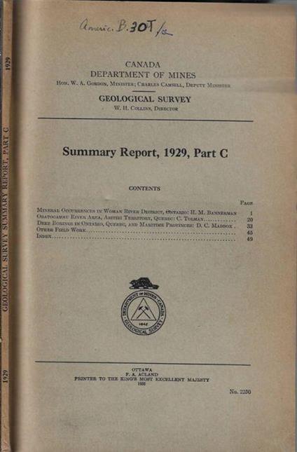 Summary Report, 1929, part C - copertina