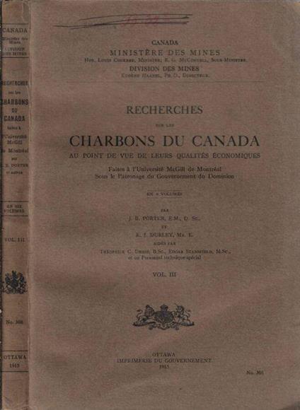 Recherches sur les charbons du Canada au point de vue de leurs qualités économiques Vol. III - copertina