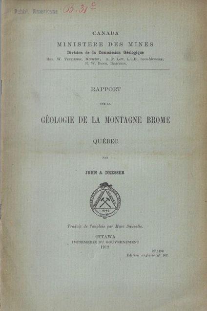 Rapport sur la géologie de la montagne Brome Québec - copertina