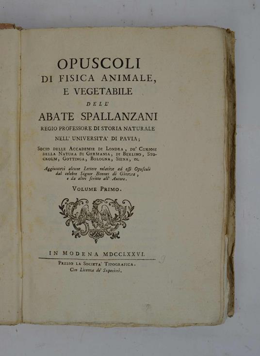 Opuscoli di fisica animale, e vegetale… Aggiuntevi alcune Lettere relative ad essi Opuscoli dal celebre Signor Bonnet di Ginevra, e da altri scritte dall'Autore - copertina