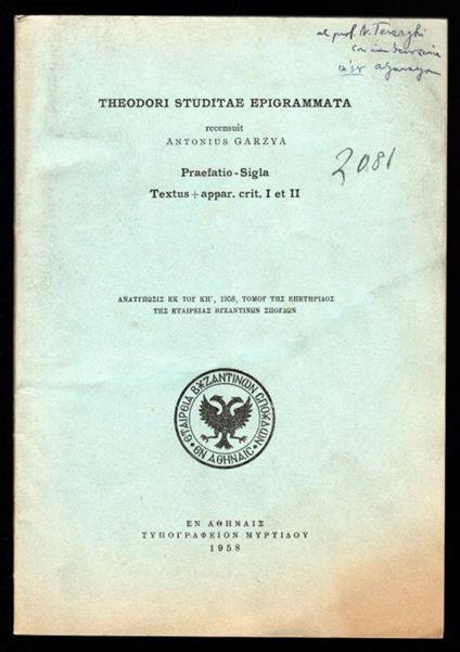 Theodori studiae epigrammata - Antonio Garzya - copertina