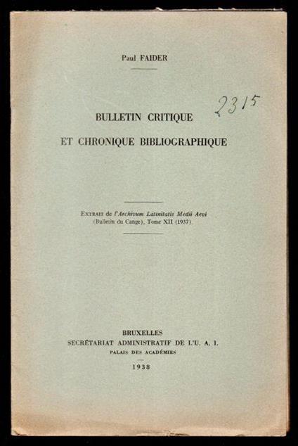 Bulletin critique et Chronique Bibliographique - Paul Feiler - copertina
