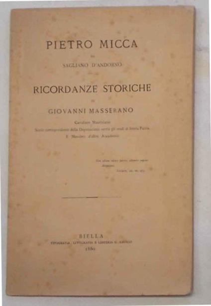 Pietro Micca da Sagliano d'Andorno. Ricordanze storiche - Giovanni Masserano - copertina