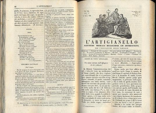 L' artigianello. Letture morali, religiose ed istruttive per l'educazione delle famiglie. Rivista settimanale diretta da Ottavio Gigli. La rivista contiene scritti su viaggi, agricoltura, scienze, astronomia ecc. - copertina