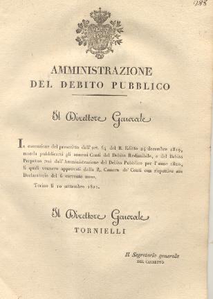 Circolare con la quale il Direttore Generale dell'Amministrazione del Debito Pubblico manda pubblicarsi i Conti del Debito Redimibile, e del Debito Perpetuo resi dall'Amministrazione del Debito Pubblico per l'anno 1820. 10 settembre 1821 - copertina