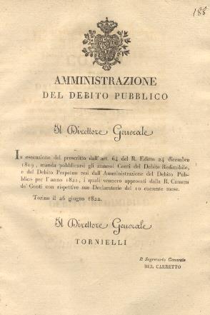 Circolare con la quale il Direttore Generale dell'Amministrazione del Debito Pubblico manda pubblicarsi i Conti del Debito Redimibile, e del Debito Perpetuo resi dall'amministrazione del Debito Pubblico per l'anno 1821...26 giugno 1822 - copertina