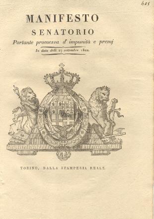 Manifesto Senatorio con il quale S.M. promette impunità e premj a coloro che rivelano notizie sul furto avvenuto presso il Reale Collegio in Novara nella notte degli 11 alli 12 corrente settembre...1822.u - copertina