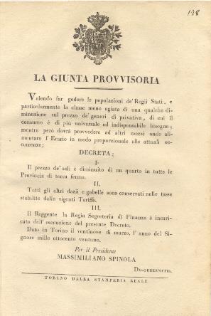 Decreto della Giunta Provvisoria con il quale, allo scopo di far godere le popolazioni de' Regii Stati, e particolarmente la classe meno agiata di una qualche diminuzione sul prezzo de' generi di primativa, decreta la diminuzione dle prezzo del sale - copertina
