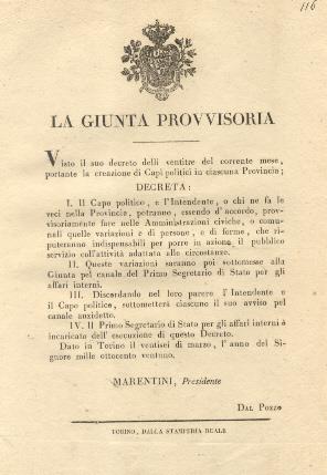 La Giunta Provvisoria decreta che il Capo Politico e l'intendente o chi ne fa le veci nella Provincia potranno provvisoriamente fare nelle Amministrazioni civiche o comunali quelle variazioni e di persone, e di forme, che riputeranno indispensabili p - copertina