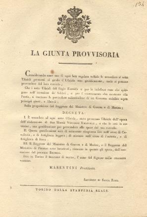 Decreto della Giunta Provvisoria col quale accorda ad ogni sotto ufiziale, stato promosso Ufiziale dall'epoca dell'abdicazione di Sua Maestà Vittorio Emanuele, o che lo sarà in avvenire, una gratificazione per provvedere alle spese del suo corredo.. - copertina