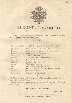 Decreto della Giunta Provvisoria con il quale nomina 12 Capi politici nelle infrascritte Provincie... 26 marzo 1821 - copertina