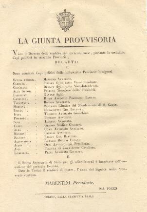 Decreto della Giunta Provvisoria con il quale nominano 20 Capi politici nelle infrascritte Provincie... 26 marzo 1821 - copertina
