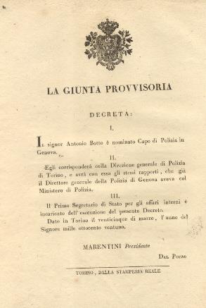 Decreto della Giunta Provvisoria con il quale nomina il signor Antonio Botto Capo di Polizia in Genova ... 25 marzo 1821 - copertina
