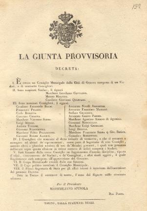 Decreto della Giunta Provvisoria con il quale crea un Consiglio Municipale nella Città di Genova e nomina tre Sindaci e venti Consiglieri... 29 marzo 1821 - copertina