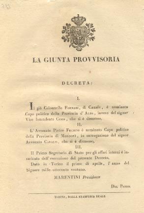 Decreto della Giunta Provvisoria con il quale nomina il già Colonnello Fornari Capo Politico della Provincia d'Alba, invece del Signor Vice Intendente Come, che si è dimesso l'Avvocato Pietro Fechini è nominato Capo Politico della Provincia di Mondo - copertina