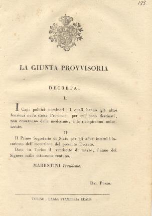 Decreto della Giunta Provvisoria con il quale si stabilisce che i Capi Politici nominati, i quali hanno già altre funzioni nella stessa Provincia, per cui sono destinati, non cesseranno dalle medesime, e le riempiranno unitamente... 27 marzo 1821 - copertina