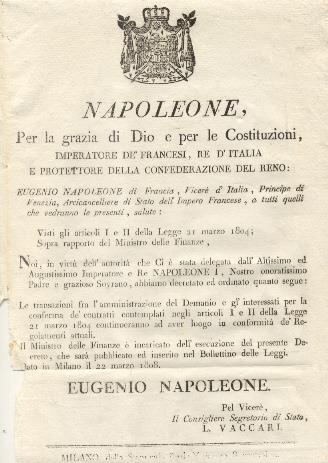 Editto napoleonico che stabilisce chi il Ministro delle Finanze faccia da transazione fra l'amministrazione del Demanio e gl'interessati - copertina