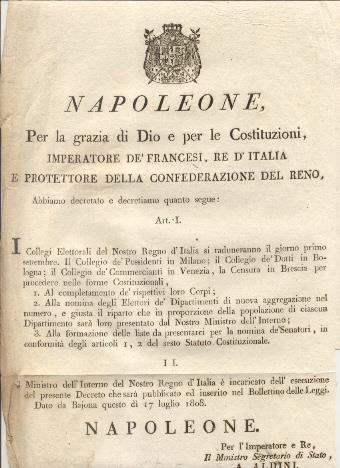 Editto napoleonico per il raduno dei Collegi Elettorali del Regno d'Italia - copertina