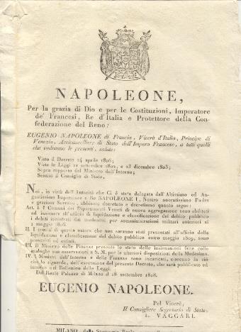 Editto napoleonico che decreta chi i Comuni dei Dipartimenti Veneti di nuova aggregazione siano abilitati ad insinuare i debiti incontrati - copertina