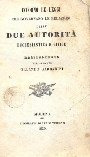 Intorno le leggi che governano le relazioni delle due autorità ecclesiastica e civile - copertina