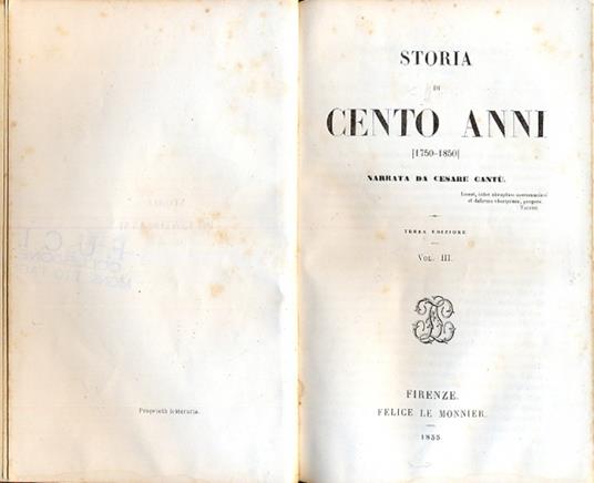 Storia di cento anni ( 1750-1850). 3° vol - copertina