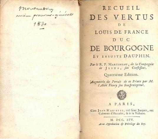 Recueil des vertus de Louis de France Duc de Bourgogne et ensuite Dauphin. Quatrieme edition - copertina