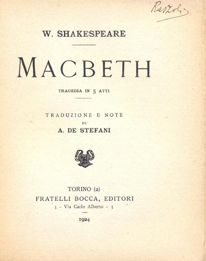 Macbeth. Tragedia in 5 atti. Traduzione e note di De Stefani - copertina