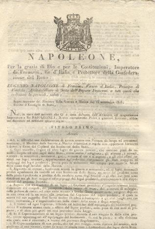 Editto napoleonico che stabilisce gli arresti, la procedura, lo scarico, manutenzione e vendita delle Prede, la liquidazione e la ripartizione in caso di guerra da parte del Ministro della Guerra e Marina - copertina
