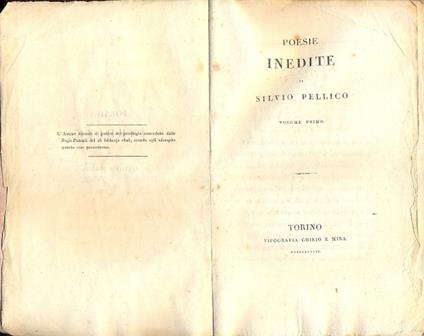 Poesie inedite. Volume primo - Silvio Pellico - copertina
