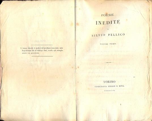Poesie inedite. Volume primo - Silvio Pellico - copertina