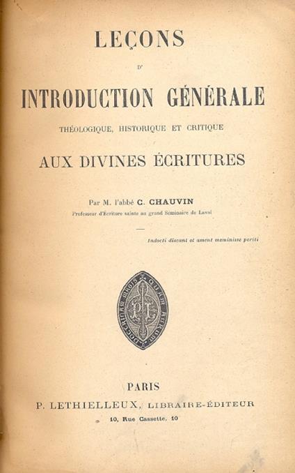 Lecons d'introduction generale theologique, historique, et critique aux Divines Ecritures - copertina