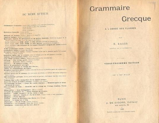Grammaire Grecque a l'usage des classes - copertina