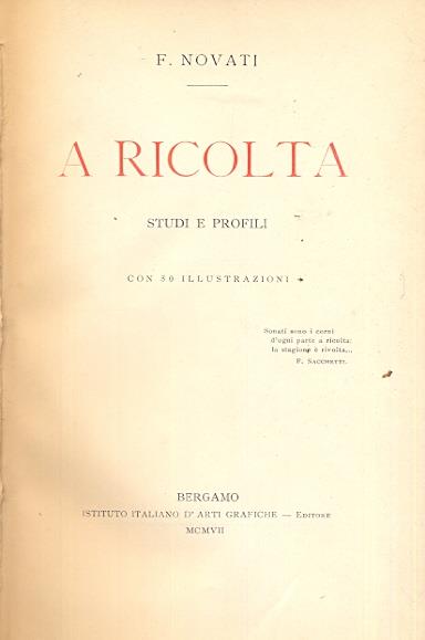 A Ricolta. Studi e profili - copertina