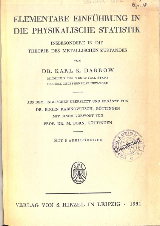 Elementare einfuhrung in die physikalische statistik. insbesondere in die theorie des metallischen zustandes - copertina
