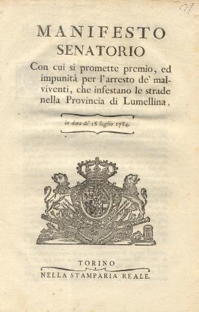 Manifesto senatorio con cui si promette il premio per l'arresto de' malviventi - copertina