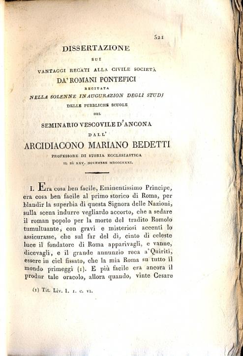 Dissertazione sui vantaggi recati alla civile società da' Romani Pontefici (Opuscolo da inserirsi nel fascicolo LIV delle Memorie di religione ecc.) - copertina