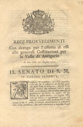 Regj provvedimenti con deroga per l'effetto di essi alle generali Costituzioni per la Valle di Antigorio - copertina