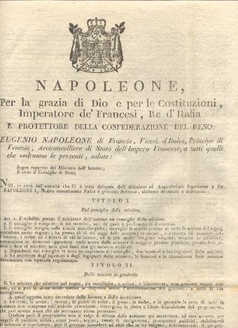 Editto napoleonico per il rapporto del Ministro dell'Interno circa l'elezione di un Consiglio delle miniere, la concessione delle licenze ed investiture per la ricerca ed escavazione delle miniere.. - copertina