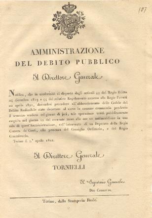 Circolare del Direttore Generale dell'amministrazione del debito pubblico con la quale si rende nota la data, l'ora e il luogo in cui si procederà all'abbruciamento delle Cedole del Debito Redimibile dell'ultimo semestre...1° aprile 1822 - copertina