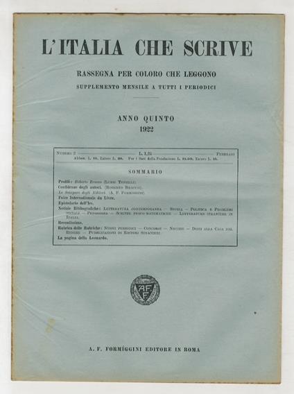 ITALIA (L') che scrive. Anno quinto. 1922. N. 1 [- n. 12]. [Annata completa] - copertina