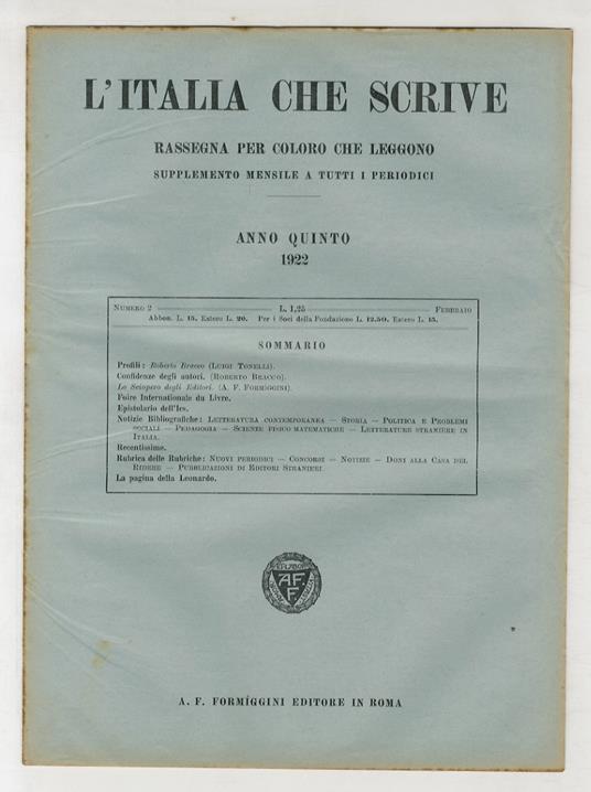 ITALIA (L') che scrive. Anno quinto. 1922. N. 1 [- n. 12]. [Annata completa] - copertina
