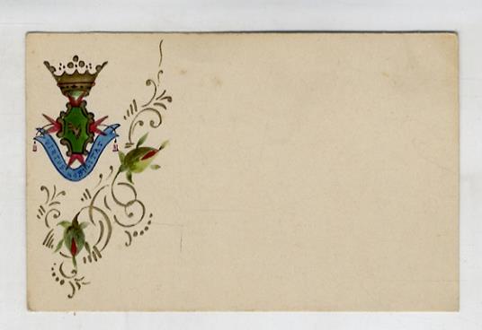 Cartolina postale con stemma coronato e fregio floreale angolare dipinti a mano in vividi colori e con particolari in oro - copertina