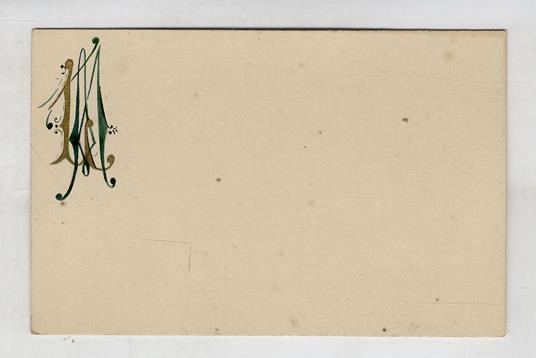 Cartolina postale con monogramma LM dipinto a mano in azzurro e oro, dipinto nell'angolo alto a sinistra del recto - copertina