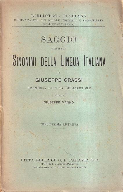Saggio Intorno Ai Sinonimi della Lingua Italiana - Giuseppe Grassi - copertina