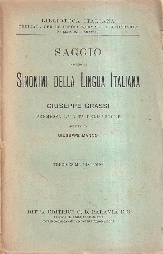 Saggio Intorno Ai Sinonimi della Lingua Italiana - Giuseppe Grassi - copertina