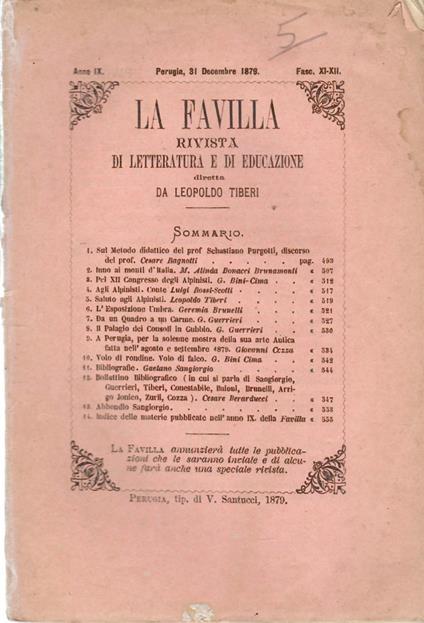 La Favilla Rivista Di Letteratura E Di Educazione Anno IX, Perugia 31 Dicembre 1879, fas. XI-XII - copertina