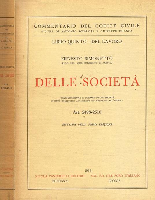 Libro quinto del lavoro. Delle società - Ernesto Simonetto - copertina