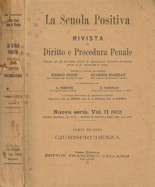 La scuola positiva. Rivista di diritto e procedura penale. Nuova serie, vol.II, 1922, parte II - Enrico Ferri - copertina